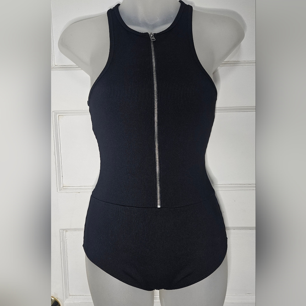 Express Black Sleeveless Ribbed Racer Back Half Zip Body Suit Sz S